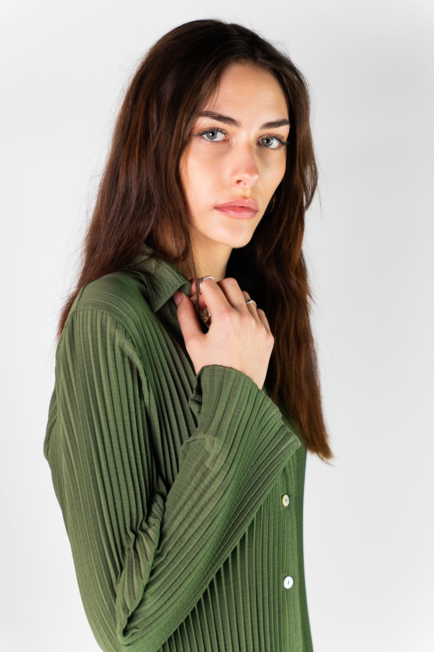 Khaki Pleated Button Shirt