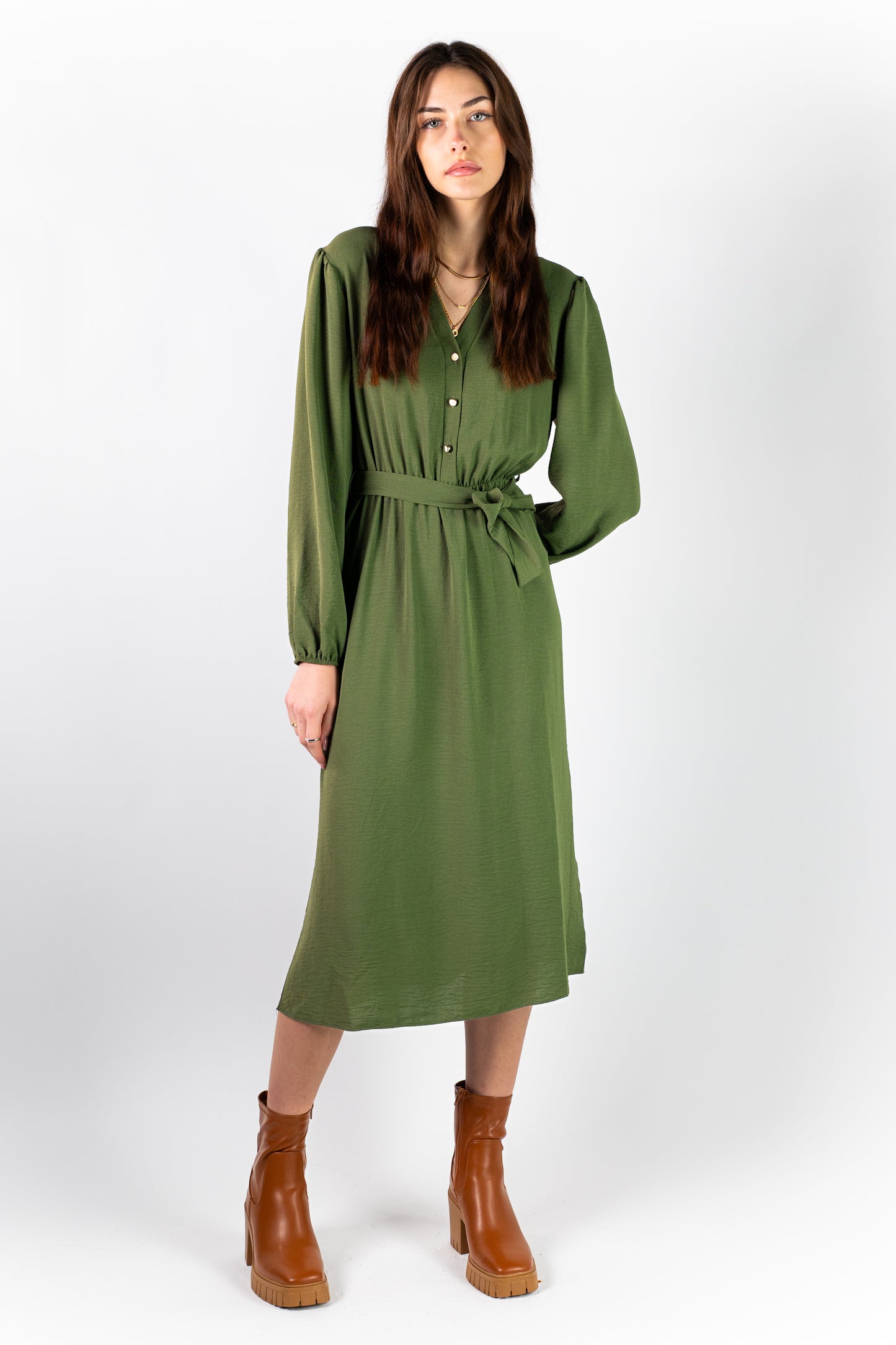 Khaki Belted Midi Dress