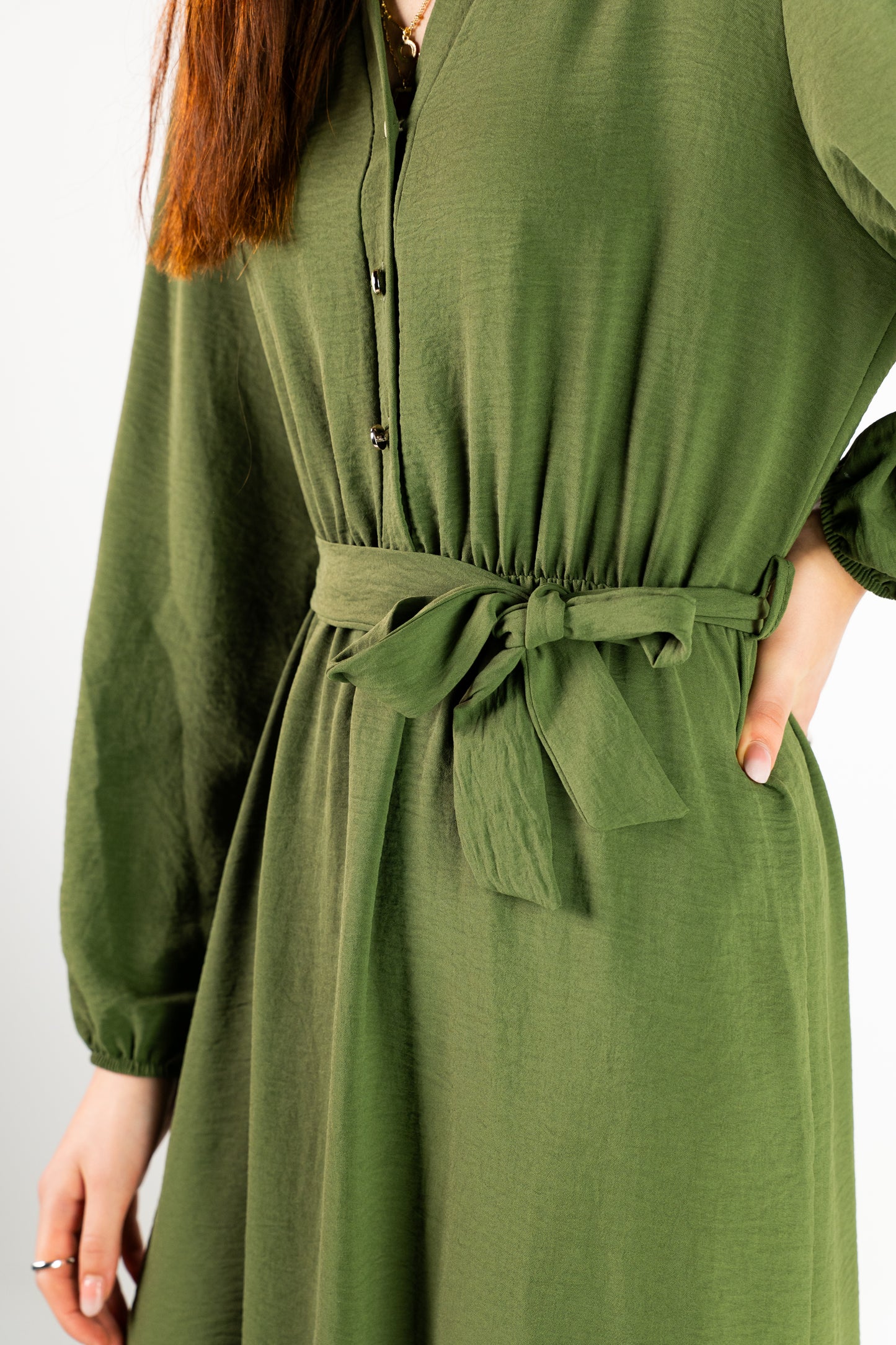 Khaki Belted Midi Dress